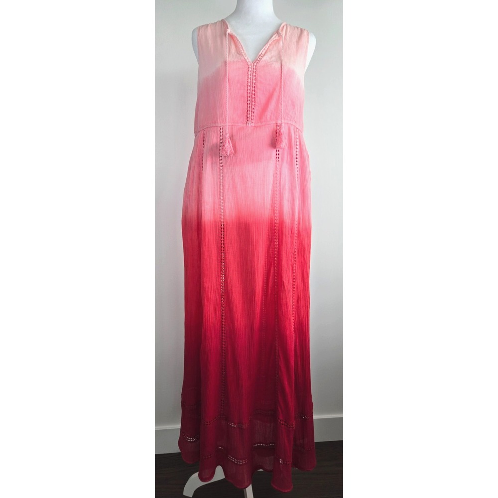 Tommy Bahama Emboider V-Neck Maxi Dress Sz Small Ombre Pink Red Sleeveless Lined